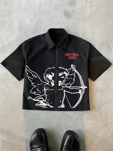 Men's Cupid Angel Print Shirt Zipper, Loose Fit Short Sleeve, High-Quality Casual Streetwear Menswear, Geometric Pattern, Fashionable Top