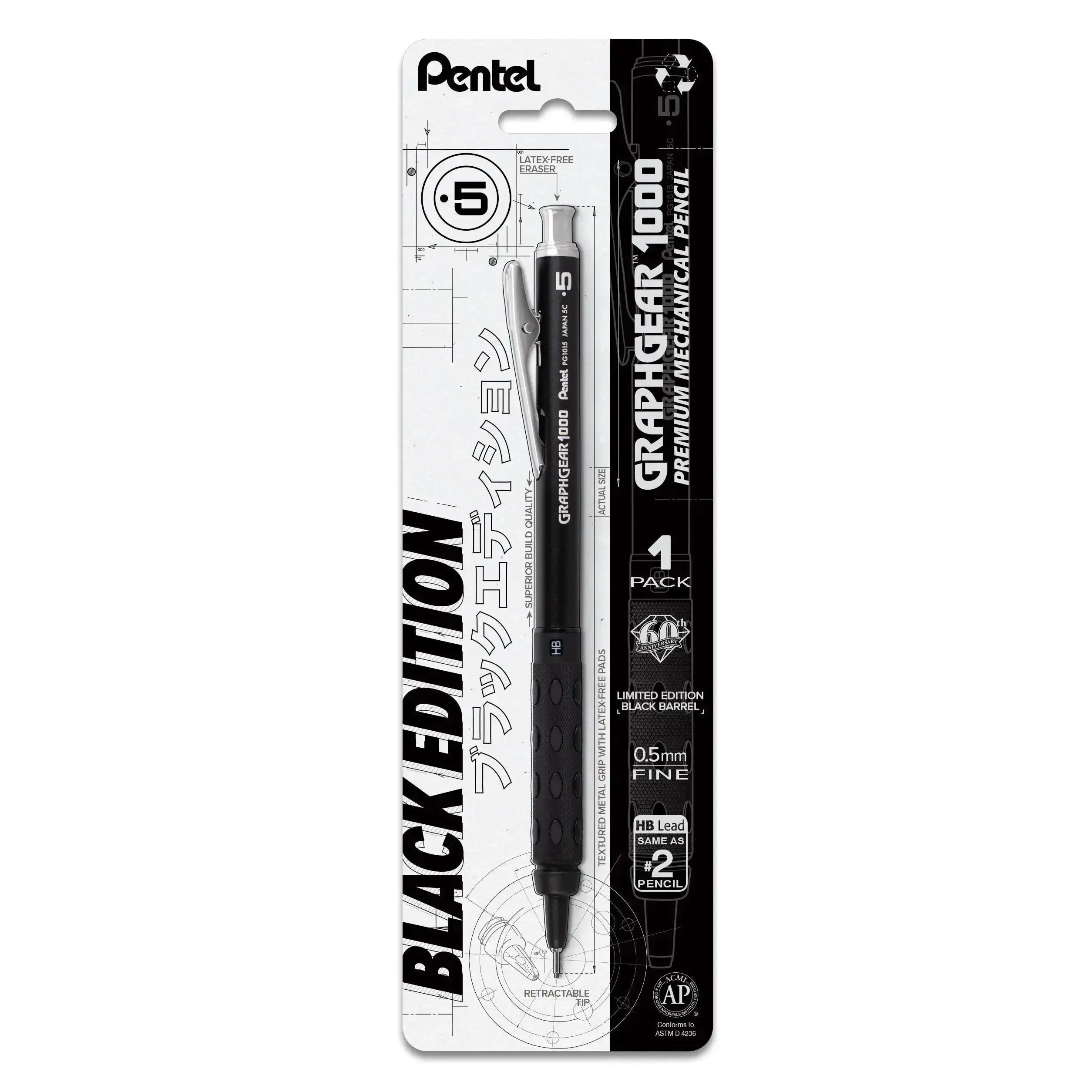 Pentel GraphGear 1000 60th Anniversary All-Black Limited Edition 0.5mm Drafting Mechanical Pencil - 1-Pk, Dual-Action Retractable Tip, Precision Performance, for Architects, Engineers, Collectible Office Stationery
