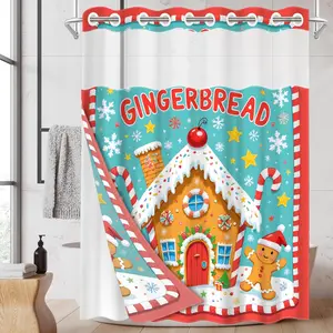 1PC/4PCS 2D Flat Printing Merry Christmas Gingerbread House Gingerbread Man Patterned shower curtain, home bathroom decor, shower curtain set with 12 hooks, non-slip bathroom rug, U-shaped toilet seat cover, toilet seat mat.