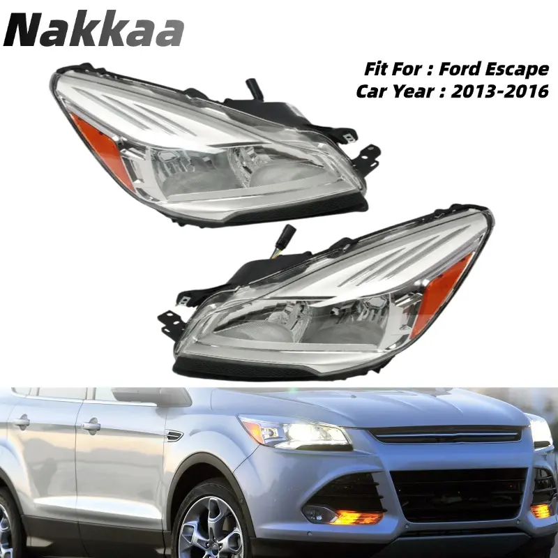 Nakkaa Chrome Amber Halogen Headlight Assembly - 12V Bulb, Plastic Ballast, Plug-and-Play Easy Install, Left & Right, HID/Xenon Compatible, Chrome Accent, Night Driving, Fits 2013-2016 Ford Escape SUV, 1Pair (2Pcs) or Single Option, Halogen - Headlights A