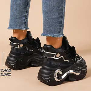 [White Chunky Sneakers] Chunky Platform Dad Sneakers, High-Top Lace-Up EVA & PU Cover Shoes | Thick Cushioned Sole, White All-Season Casual Shoes for Petite Women, Comfortable Fashion Footwear