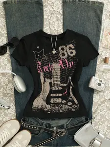 Women's Short Sleeve Round Neck Fitted Tee, Lady, Fashionable Comfortable Casual Daily Wear, Guitar Print Design, Streetwear Y2K Style, Suitable for All Seasons, Everyday, Womenswear