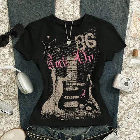 Women's Short Sleeve Round Neck Fitted Tee, Lady, Fashionable Comfortable Casual Daily Wear, Casual Streetwear Top, Guitar Print Design, Streetwear Y2K Style, Suitable for All Seasons, Everyday, Casual Tops, Womenswear