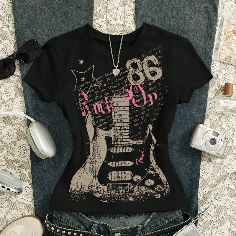 Women's Short Sleeve Round Neck Fitted Tee, Lady, Fashionable Comfortable Casual Daily Wear, Casual Streetwear Top, Guitar Print Design, Streetwear Y2K Style, Suitable for All Seasons, Everyday, Casual Tops, Womenswear
