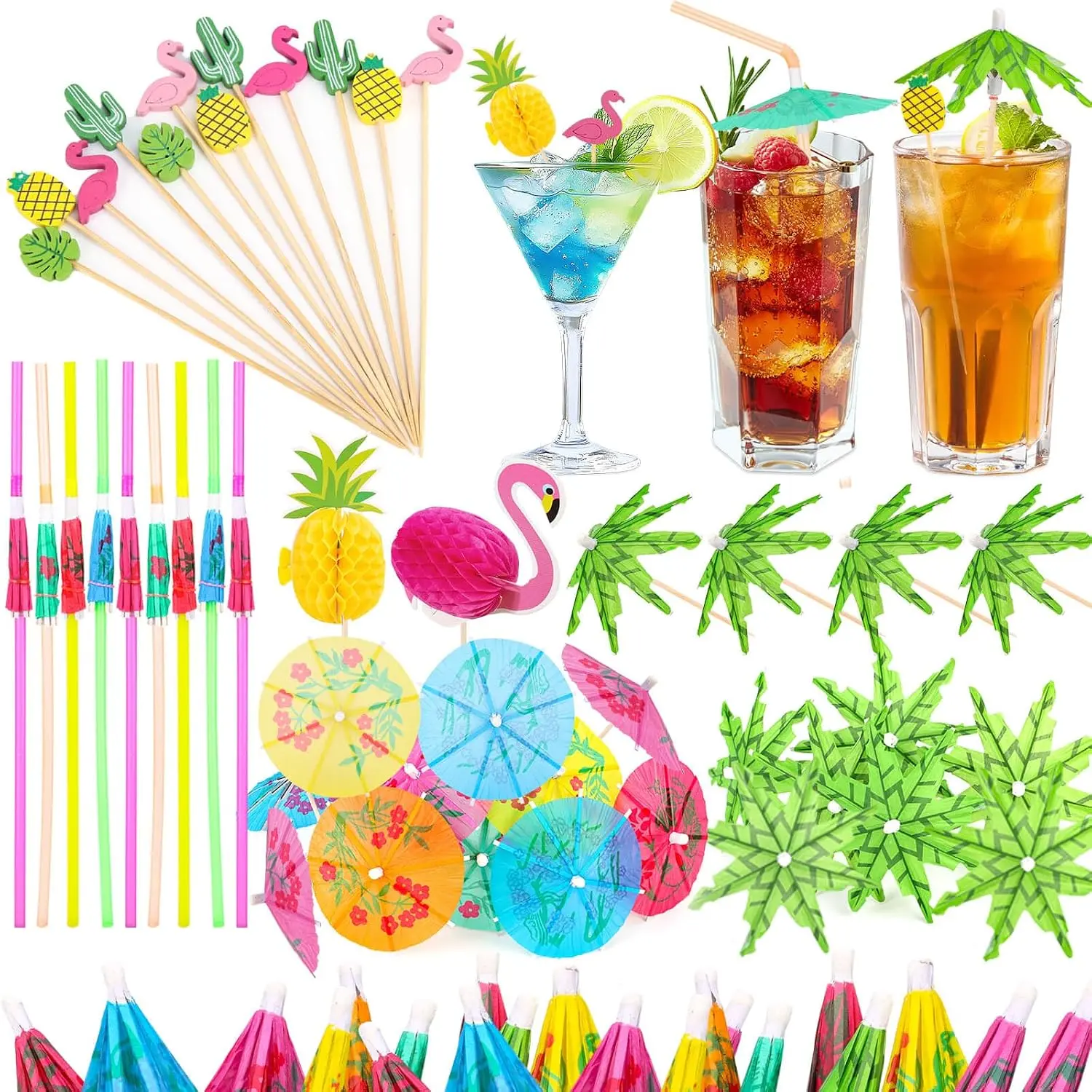 180 PCS Drink Umbrellas – Cocktail Umbrella Straws & Toothpick Picks, Tropical Hawaiian Luau Party Decorations, Colorful Paper Parasols for Aloha Drinks & Appetizers