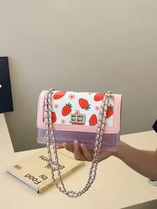 1pc Sweet and fresh girl style strawberry printed chain crossbody bag, with metal buckle opening and closing, chain strap and transparent splicing design, suitable for women's daily dating travel and sweet style casual fashion dressing scenes.