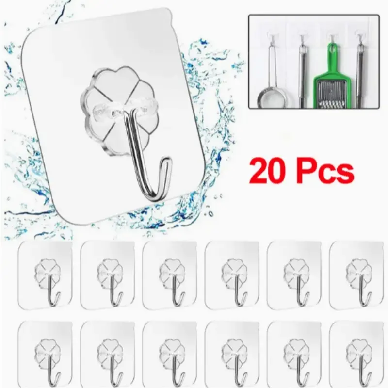 Easy Install Removable Adhesive Hooks, No Drilling Required, Self-Adhesive, Traceless, Multi-Purpose Transparent Hanging, Durable Metal Wall Hook, Wall Mounted Hook