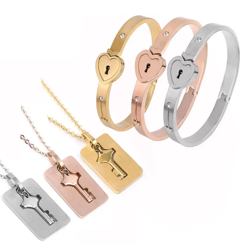 Titanium Steel Heart Lock Bracelet & Key Necklace Set Romantic Couples Jewelry for Birthday Anniversary Valentine's Day Gifts