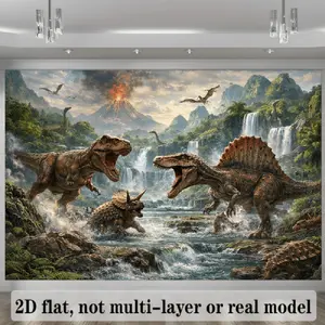 2D Flat Banner Polyester Photography Backdrop, HD Digitally Printed Soft Lightweight Foldable Background Cloth featuring a vibrant Dinosaur Prehistoric Landscape with Volcano, Waterfalls, and River Scene, suitable for Party Decor,