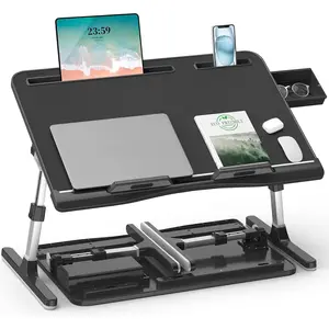 Laptop Bed Table,  Adjustable Leather Computer Lap Desk, Wide X-Large Folding Bed Desk Tray with Drawer on Couch Floor Bed for Writing Eating Drawing Working, Black