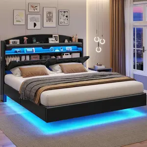 SIKAIC Modern Black LED Floating PU Leather Upholstered Bed Frame with Sturdy Metal Construction, Storage Headboard, Charging Station, Safety Guardrail, No Box Spring Needed, Bedframe