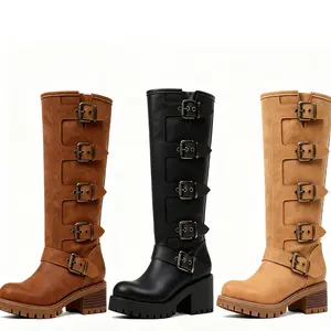 EROCALL  Fashion Buckles Chunky Metallic Casual Vintage Buckle Rivet Waterproof Multi Color Faux Leather Buckle Strap Mid Calf Moto Boots for Women Block Heel Biker Boots in Black Brown Tan Vintage Inspired Retro Charm