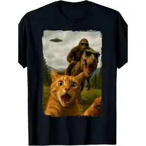 Humorous T-Shirt Featuring a Cat, T-Rex, Sasquatch, And UFO Selfie - a Fun Tee for Cat Enthusiasts with a Design of a Ginger Tabby And Dinosaur. Ideal for Casual Wear, This Unisex Shirt Is Perfect for Daily Use in