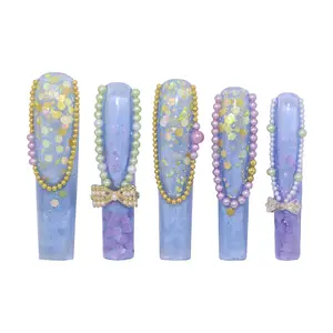 Pearl Flutter 2.1"  Miss Anna Nails Press On Nails Long Square 10 PCS Acrylic Art Nail  Girls =
