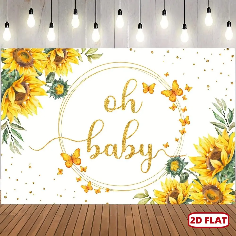 1pc 2D Flat Oh Baby Sunflower Backdrop, Girls Baby Shower, Sunflower Butterfly Golden Dots  Background, Girls Kids Baby Shower, Theme Party Banner Deocrations, Party Bunner, Party Supplies, Party Decor