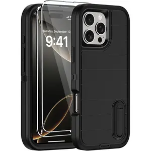 for iPhone 17 16 15 14 13 12 Pro Max 16 Pro 16 Plus Case with 2 Screen Protectors, Heavy Duty Shockproof Protective Drop Protection Military Grade Tri-Layer Phone Cover with in Invisible Kickstand for Apple 11