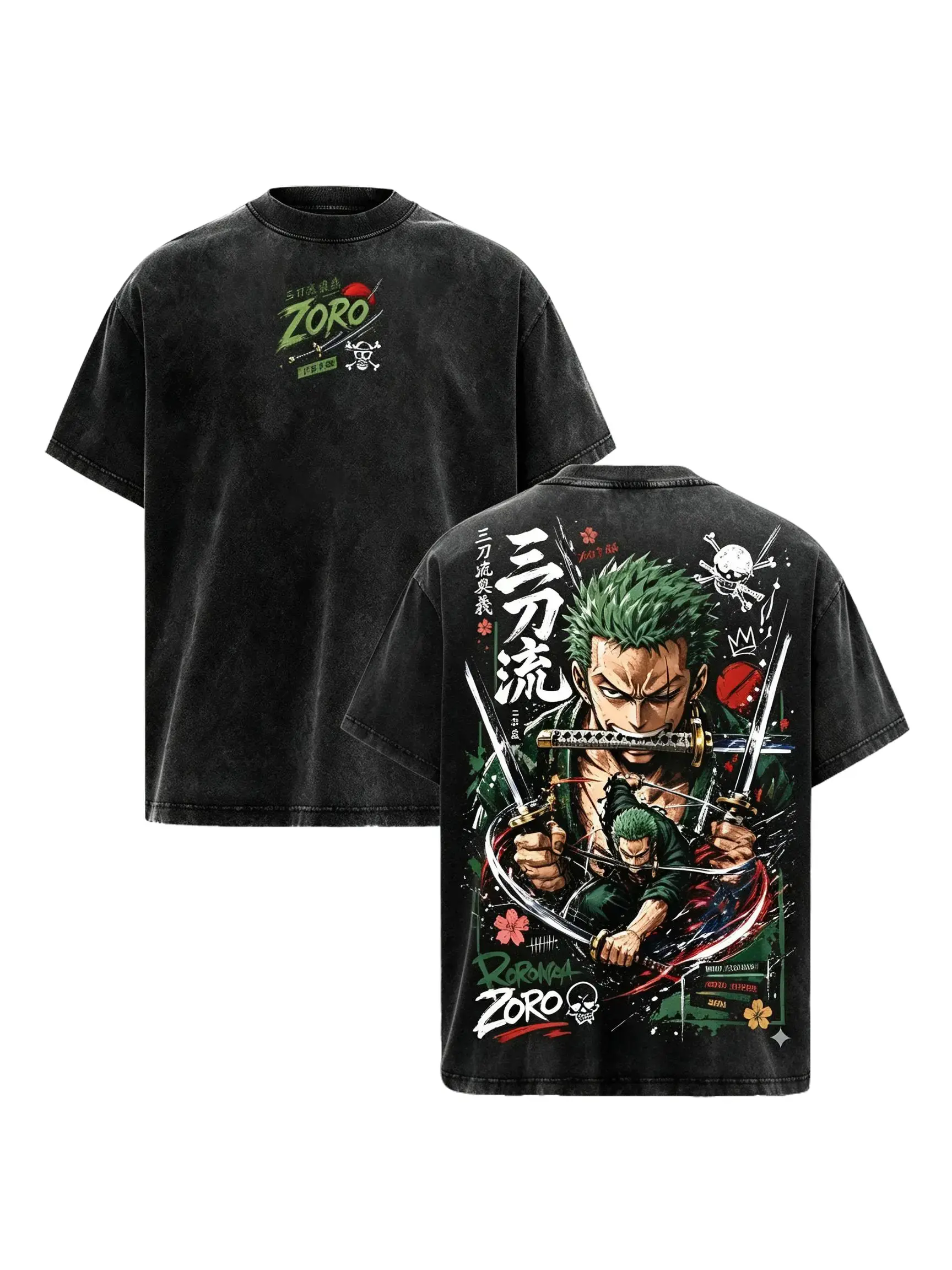 Roronoa Zoro Anime Art T-shirt, Unisex Oversized Vintage Washed Heavy Cotton Streetwear, Round Neck Menswear for Casual Fashion, Shortsleeve, Stylish, Tshirt, Day, Top, Anime Character, Graphic, Tops, Tee