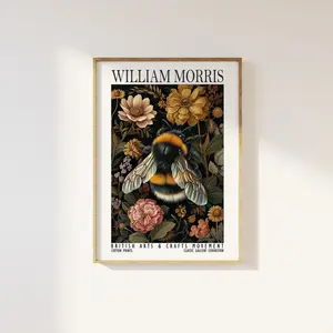 Unframed, Room Decor, Luxury Botanical Nature Bee insect Summer Flowers, William Morris Style Bumble Bee Print - Exhibition Vintage William Morris