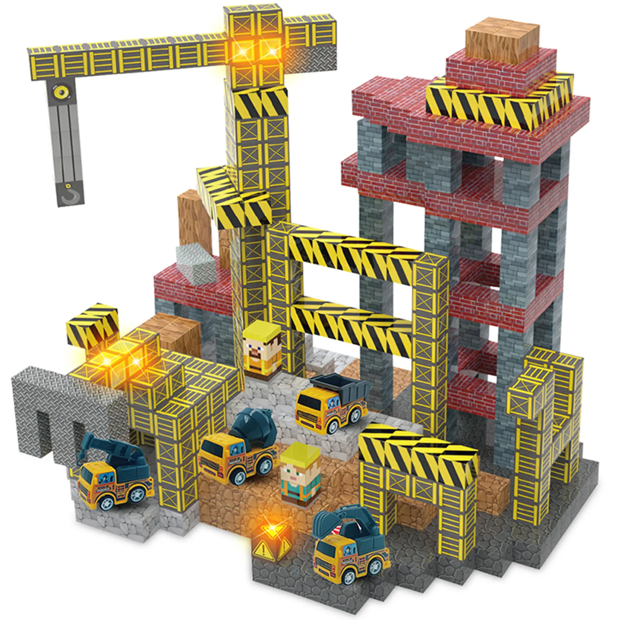 136-Pcs Unisex Magnetic Building Block Sets with Light-Up Modules, 4 Toy Cars Gift, Construction Engineering DIY Kit, Montessori STEM Sensory Toys for Kids Halloween Christmas Gifts
