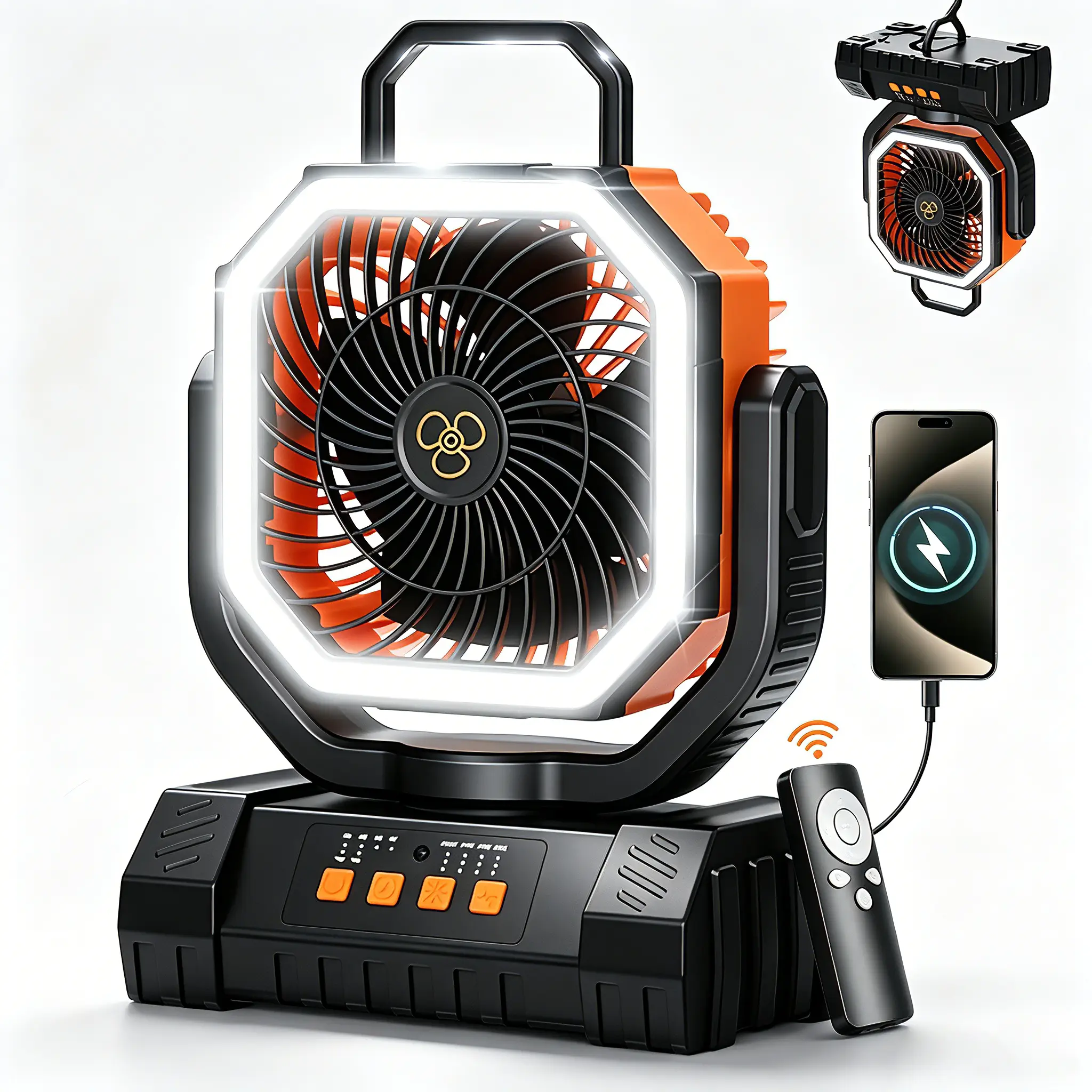 20000mAh Lithium-Ion Battery-Powered Handheld Camping Fan, Dual Motors, 4-Speed Wind, Remote Control, LED Light, Hook, Oscillating Compact Cordless Pedestal Fan, Suitable for Tents, Power Outages (Batteries Included), Battery Pedestal Fans, Lightweight Ba
