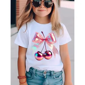 Girls' Summer Casual T-Shirt with Pink Bow & Cherries Print - Short Sleeve Round Neck Tee, Lightweight Breathable Fabric, Perfect for Casual Attire, Everyday Tshirt | Playful Print Top | Comfortable Fit, Girls T Shirts autumn