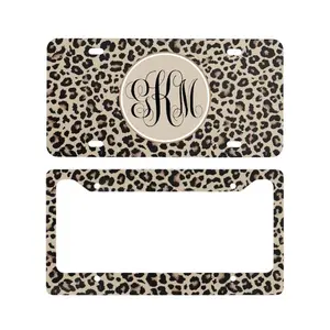 Leopard Print Monogram License Plate Frame Set Personalized Initial Car Tag Cheetah Animal Print Vehicle Decor Gift