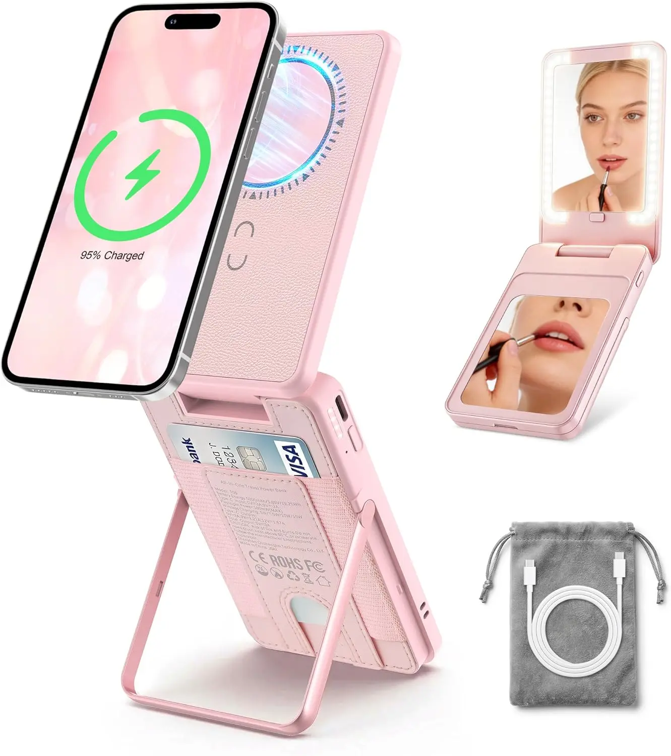 5-in-1 Magnetic Wireless Power Bank, 5000mAh Portable Charger with LED Makeup Mirror, Phone Stand, Bluetooth Selfie Remote & Card Holder, MagSafe Compatible Travel Charger for iPhone Samsung, USB-C Cable Included, Pink  2｜（ TK 、）