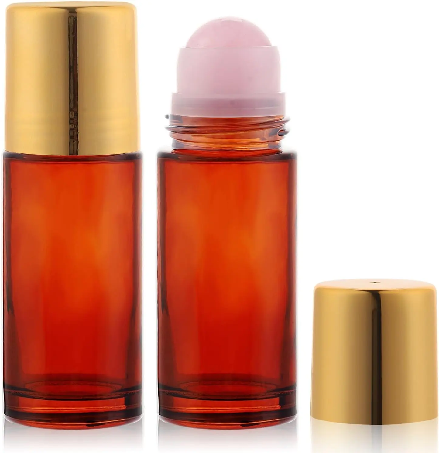 2 pack 1.7oz Large Amber Glass Roll on Bottles Rose Quartz Roller Ball Applicator for Essential Oils Perfume Refillable Empty Deodorant Containers with Pink Crystal Rollerball