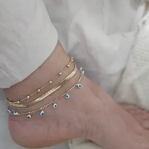3PCS Women Teens Gold Tone Evil Eye Layered Anklet Set, Minimalist Herringbone & Beaded Chain with Blue Evil Eye Charms, Boho Spiritual Foot Jewelry for Beach Vacation, Ideal Birthday Mother's Day Gift
