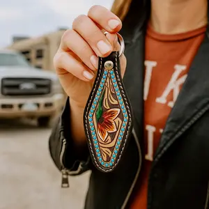 Floral Leather Hand Painted Key Chain Western Design with Turquoise Accents 4.5"x 2"