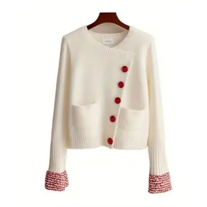 Autumn Winter Asymmetrical Button White Cardigan Korean Style Minimalist Office Coat Cozy Cropped Tweed Jacket Soft Layering Piece, Winter Cardigan for Women High Quality, Cute Sweater, Cardigan Women, Elegant Sweaters for Women