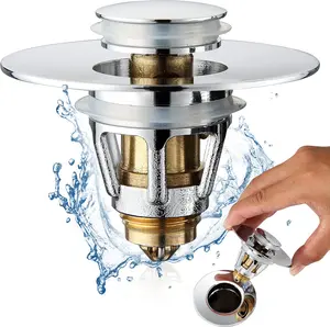 Universal Bathroom Sink Stopper - Stainless Steel Bounce Drain Filter, Pop Up Drain Stopper,  Core Push Type Sink Stopper for Wash Basin, Sink Drain Plug with Anti-Clogging Strainer, Chrome