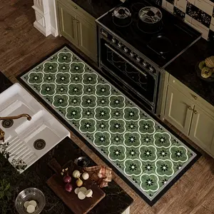 1 Non-Slip Kitchen Mat - Green and White Floral Pattern Diatomite Rubber Bottom Floor Mat, Hand Washable, Durable, Easy to Clean, Ensures Safety in Kitchen and Dining Area