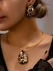 Boho Style Leopard Print Water Drop Pendant Necklace Earrings Set, Boho Charm, Casual Fashion Jewelry for Daily Wear and Gifts