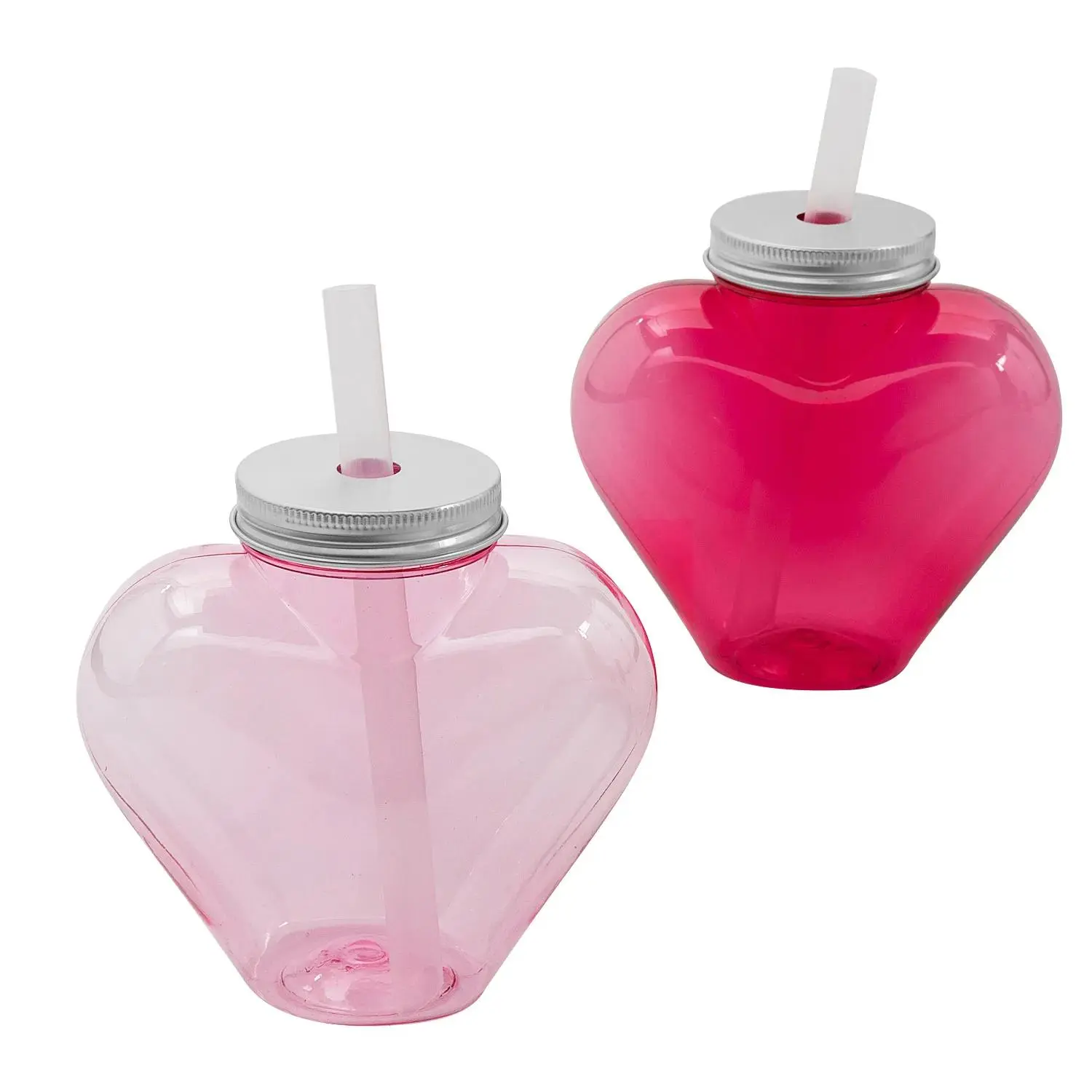 4 1/2" 17 oz. Valentine’s Day Heart-Shaped Plastic Cups with Straw - 12 Pc.