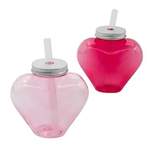4 1/2" 17 oz. Valentine’s Day Heart-Shaped Plastic Cups with Straw - 12 Pc.