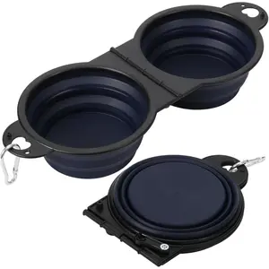 Collapsible  Dual Bowls, 2-in-1 with Locking Clip for  Stability 180  Flip Portable  Travel Bowl for Water and   Drinker (Dark Blue)
