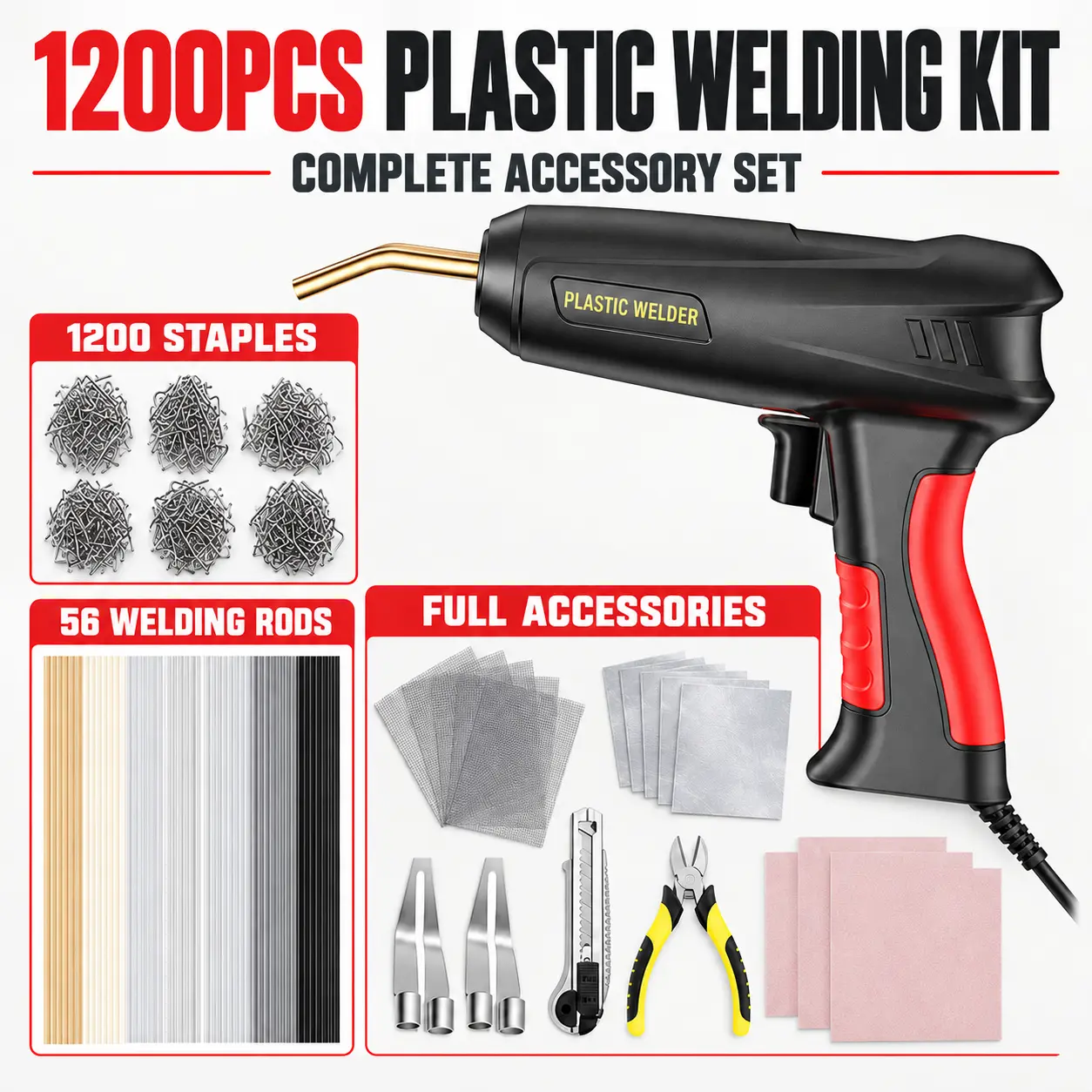 200W Plastic Welding Kit, Hot Stapler Plastic Repair Welder Gun with 1200Pcs Smoothing Staples and 56Pcs Plastic Welding Rods, Complete Car Bumper Repair Tool Set