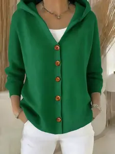 Women's Hooded Button Knitwear Cardigan, Soft Hood Design, Long Sleeve Open Front, Basic Casual Elegant Versatile Everyday Fit for Spring Fall Winter