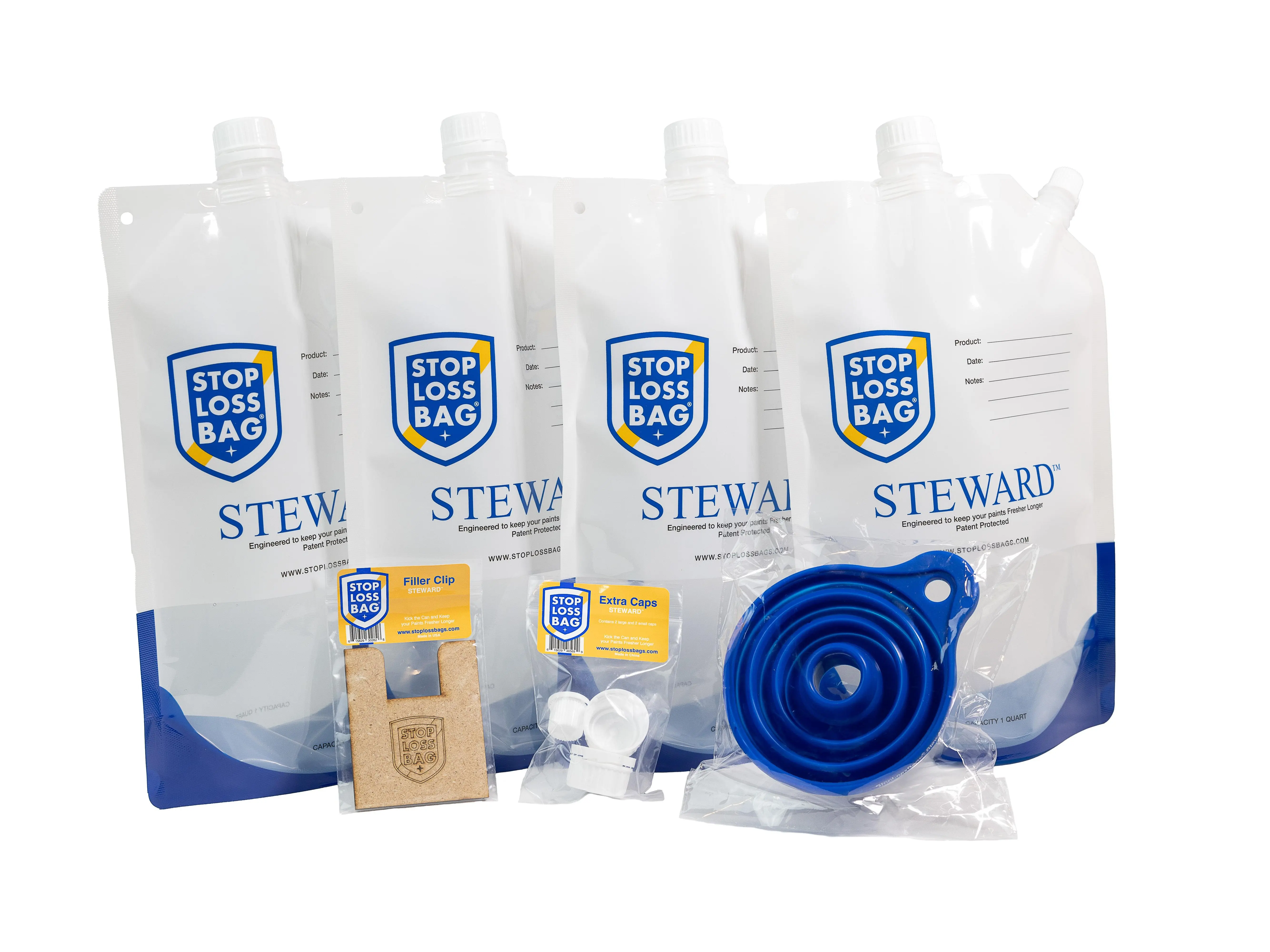 StopLossBags 4-Pack Airtight Paint Saver Storage Kit - Eco-Friendly, Leak-Proof Resealing Stand-Up Pouches with Lid, Wall-Mountable, Mess-Free, Kitchen Organizer, Bundle with Funnel, Extra Caps, Filler Clip (for Paint & Stain)