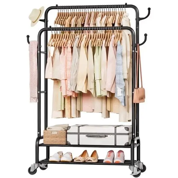 Enogets Heavy Duty Double Rod Garment Rack, Rolling Clothing Racks for Hanging Clothes with Shelves & Wheels
