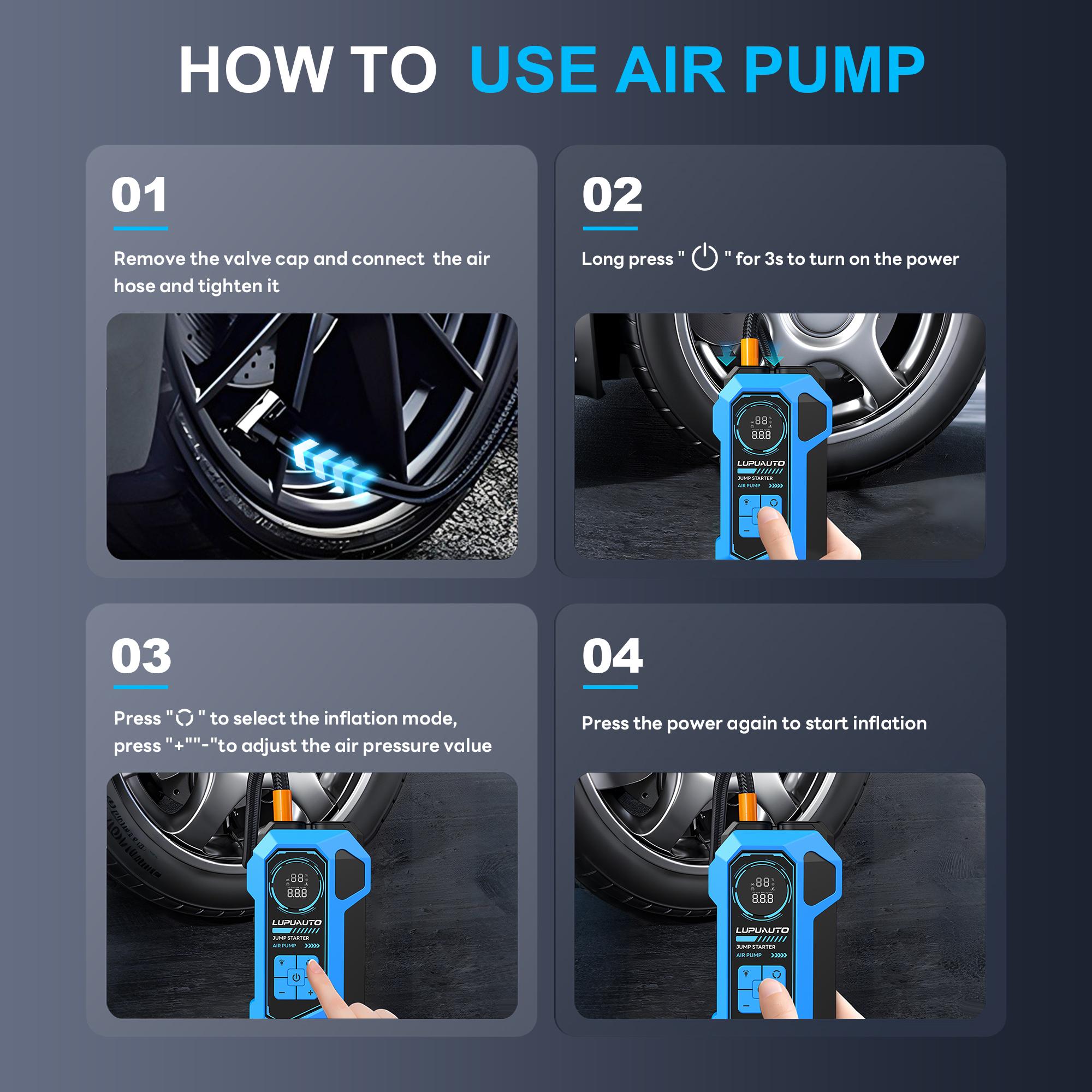LUPU AUTO multifunctional portable tire inflator, 4 preset modes, automatic stop, LED display, intelligent safety indicator, fast charging for phones and tablets, suitable for car tires, bicycles, and swimming rings