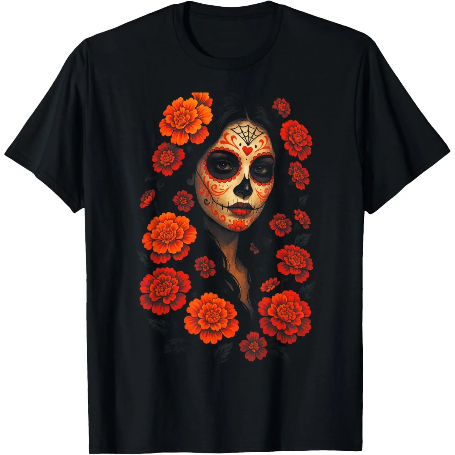 La Catrina Sugar Skull Graphic T-Shirt for Women, 100% Cotton Round Neck Short Sleeve Top with a Vintage Distressed Look, Short Sleeve Tops, Whimsical Vibe