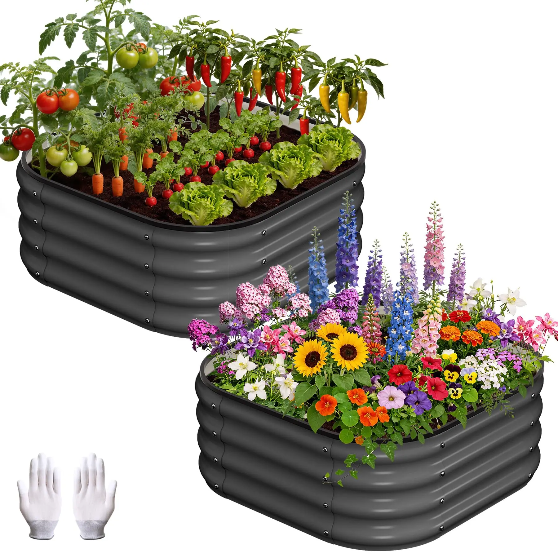 GARVEE 2-Piece Heavy Duty Galvanized Raised Garden Beds - Squircle & Rectangular Rust-Resistant Metal Frame Planter Boxes with Gloves, Rubber Edge Trim, Drainage Base - Elevated Planting Box for Vegetables, Flowers - Easy Assembly, Outdoor Patio Use, Outd