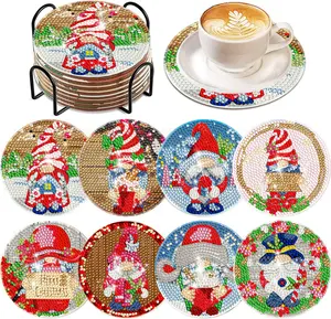 8Pcs Colorful 5D Christmas Gnome Diamond Painting Coaster Set, Non-Slip Tableware Drink Mats with Holder for Christmas DIY Needlework Decor
