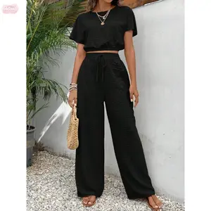 YehGoods 2026 Matching Sets Women's Solid Color Top & Wide Leg Pants Two-Piece Set Casual Round Neck Drawstring Waist Trousers for Summer Daily Wear Fabric Check