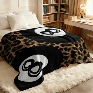 American Vintage Leopard Print 8-Ball Pool Flannel Blanket, Brown Leopard & 8 Ball Pattern, Soft Thick Lightweight, Car Camping Travel Throw, 90s Street Style Office Nap Cover Blanket, Sofa Bed Decor