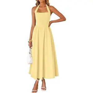 ZESICA Women's Summer Sleeveless Halter Midi Dress 2026 Off Shoulder High Waist Flowy Beach Wedding Guest Long Dresses