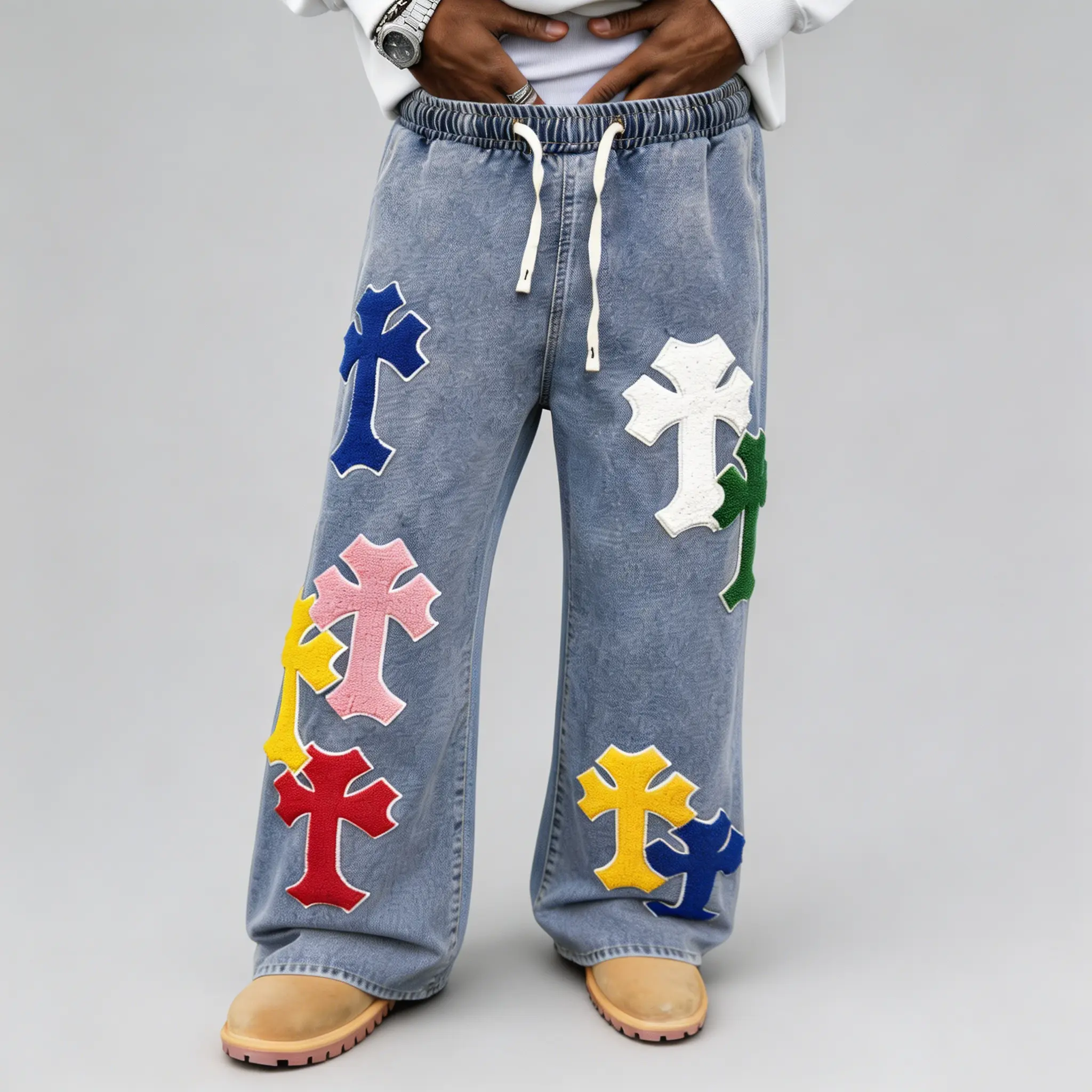 Mens Hip Hop street color cross embroidered denim pants, light washed, elastic drawstring waist, loose wide leg, multi patch decoration; summer casual fashion bottoms