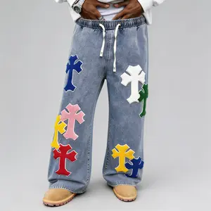 Mens Hip Hop street color cross embroidered denim pants, light washed, elastic drawstring waist, loose wide leg, multi patch decoration; summer casual fashion bottoms